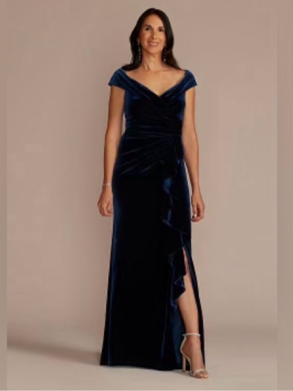Oleg Cassini Deep Navy Velvet Off-Shoulder Maxi Dress